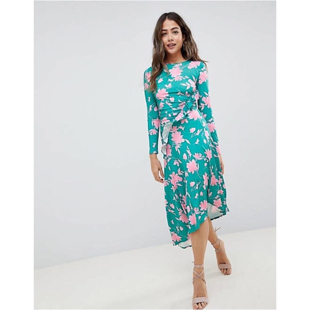 ASOS Turquoise Green and Pink Floral Ruched Ruffle Long Sleeve Midi Dress 4